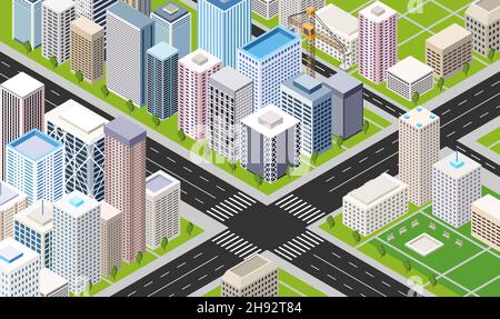 Isometric urban street buildings vector illustration Stock Vector