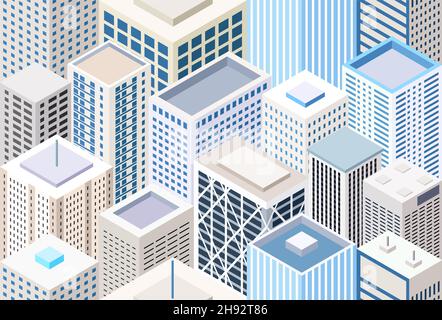 Flat style isometric city buildings vector seamless pattern Stock Vector