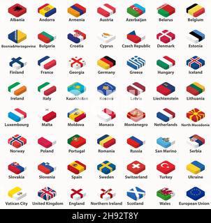 All european countries flags in isometric top view design vector set Stock Vector