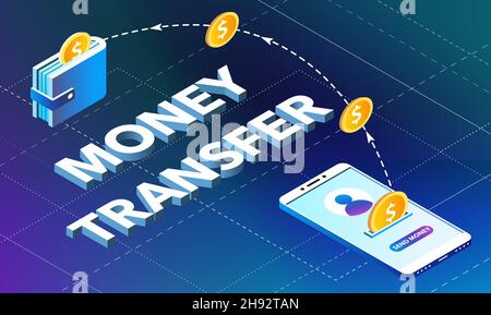 Money transfer from smartphone to wallet. Isometric vector concept illustration Stock Vector