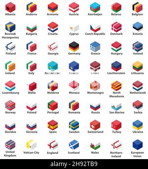 all european countries flags in cube isometric design vector set Stock Vector