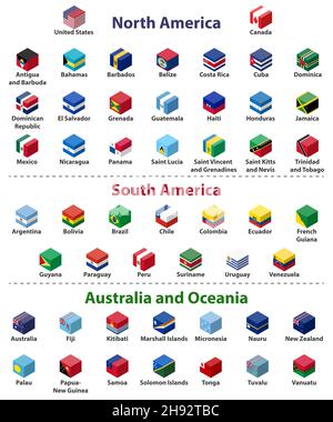 North America, South America, Australia and Oceanian all countries flags in cube isometric design vector set Stock Vector