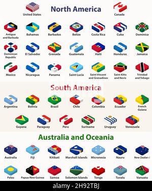 North American, South American, Australia and Oceania countries flags in isometric top design Stock Vector