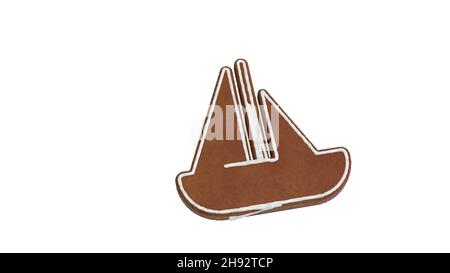 3d rendering of gingerbread cookie in shape of symbol of sailboat at sea isolated on white background with white icing Stock Photo