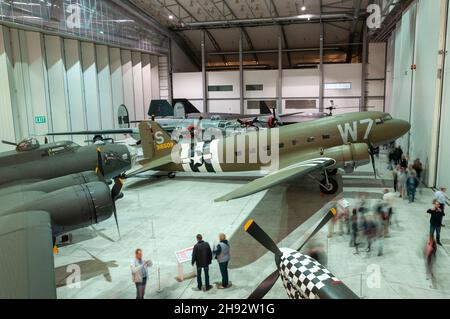 Temporary storage area in AirSpace Hangar during major development work of the American Air Museum at the Imperial War Museum, Duxford, UK. Planes Stock Photo