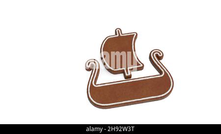 3d rendering of gingerbread cookie in shape of symbol of old Viking boat from profile isolated on white background with white icing Stock Photo