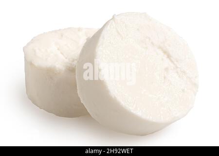 Two rounds of goat cheese isolated on white. Stock Photo