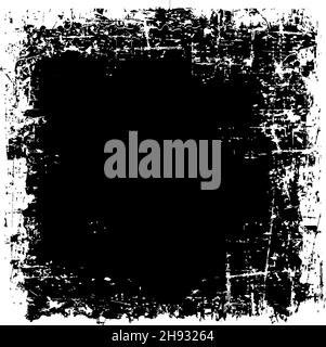 Black grunge frame. Distress texture of spots, stains, ink, dots, scratches. Design element for pattern, frames, grungy effect, template, background. Stock Vector