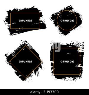 Set of grunge banners. Distress texture with golden frame. Trendy design element for border frames, banners, poster, badges, labels, emblems Stock Vector