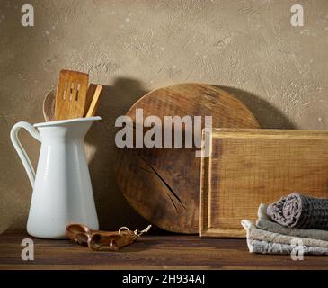 various kitchen tools on brown wooden table Stock Photo