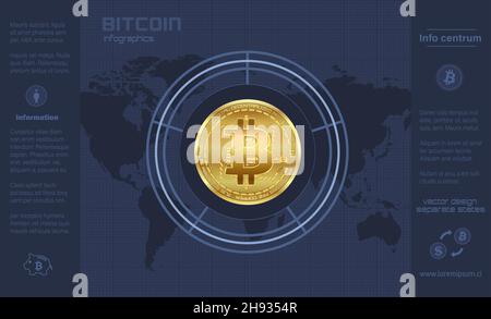 Bitcoin and world map, infographics blue flat design on graph paper and icons vector Stock Vector