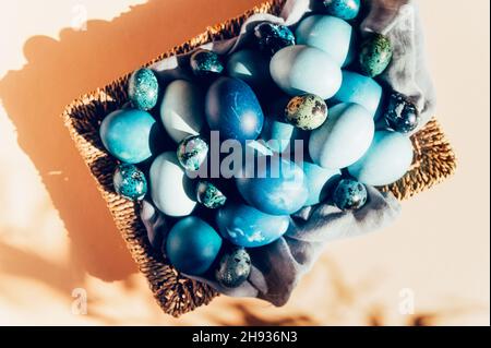 Homemade naturally dyed eggs in blue colors Stock Photo