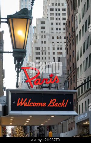 Paris Theatre Marquee in New York City, USA   December 2021 Stock Photo