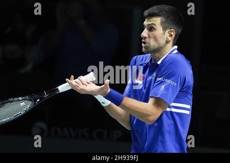 Madrid, Spain. 03rd Dec, 2021. Novak Djokovic of Serbia plays against Marin Cilic of Croatia during the Davis Cup Finals 2021 Semi Final match between Croatia and Serbia at Madrid Arena. Victory for Djokovic, Novak. (6.4) (6.2) Credit: SOPA Images Limited/Alamy Live News Stock Photo