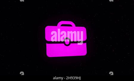 Digital animation of briefcase icon decaying into multicolored moving plexus networks on black background. animation. Technology, business and interne Stock Photo