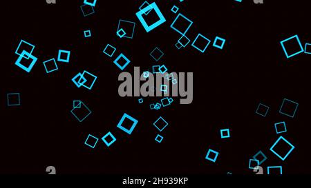 Colored squares splash out and spread out on black background. Animation. Square frames appear as outliers and spread out on black background. Stock Photo