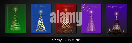set cards Christmas Tree gold texture, golden luxury colorful background, gold vector stylized Merry Christmas , banner icon festive themed winter Stock Vector