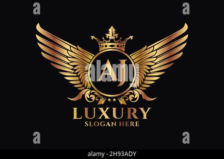 Luxury royal wing Letter AJ crest Gold color Logo vector, Victory logo, crest logo, wing logo, vector logo . Stock Vector