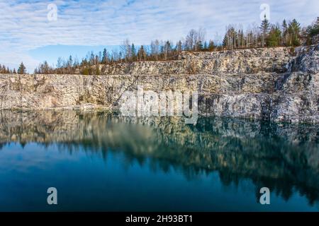 Canadian Bungee Jumping Quebec Canada at Morrison Quarry in winter Stock Photo