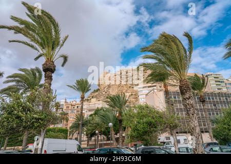 Castle of Santa Barbara, Alicante, Spain, view at landmark from Postiguet beach, close up high resolution photo. Stock Photo