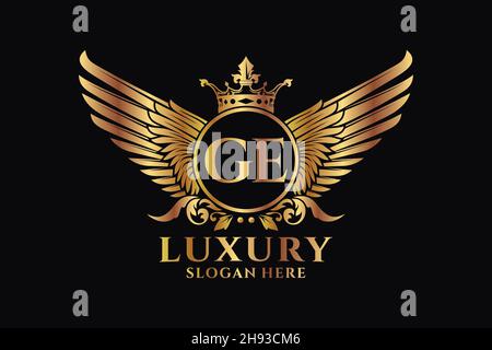 Luxury royal wing Letter GE crest Gold color Logo vector, Victory logo, crest logo, wing logo, vector logo . Stock Vector