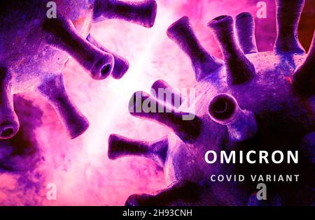 Omicron COVID-19 variant poster, purple banner with coronavirus germs and inscription. Concept of science, technology, virology, corona virus power, m Stock Photo