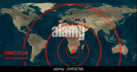 Omicron COVID-19 variant on global map, new coronavirus spreads around World from South Africa. Concept of economy crisis and corona virus pandemic. E Stock Photo