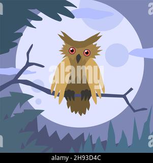 Owl moon bird perched on branch cartoon color vector illustration, horizontal Stock Vector