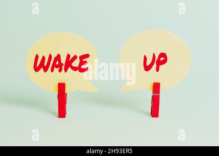 Inspiration showing sign Wake Up. Business overview an instance of a person waking up or being woken up Rise up Colorful Office Supplies Bright Stock Photo