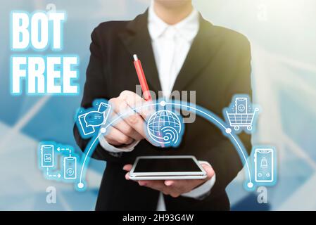 Conceptual display Bot Free. Business showcase a computer program that works automatically Internet robots Lady In Uniform Holding Tablet In Hand Stock Photo