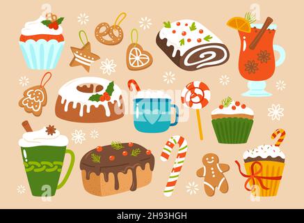 Christmas sweets treat cartoon set. New year man gingerbread and cocoa cup, cake muffin, lollipop candy. Xmas decoration, holiday scrapbook noel design for sticker kit, greeting card, party invitation Stock Vector