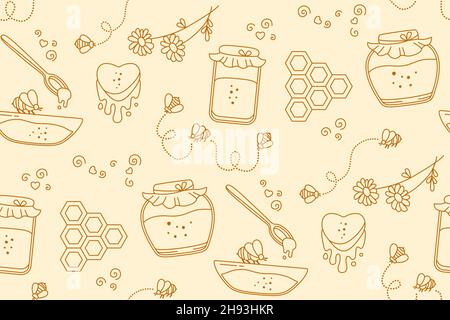 Honey in glass jar and bee, honeycomb seamless pattern. Doodle wallpaper honey and beehive repeat gold boundless. Healthy natural product. Scrapbook design textile print, fills, fabric, wrapping paper Stock Vector