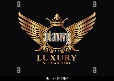 Luxury royal wing Letter UW crest Gold color Logo vector, Victory logo, crest logo, wing logo, vector logo . Stock Vector