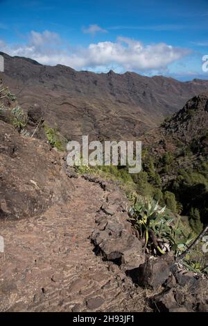 An old camino or pathway leads from Mirador Degollada de Peraza to the Barranco de las Lajas in the east of La Gomera in the Canary Island. Stock Photo