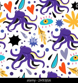 Psychedelic seamless pattern with doodle colorful design elements. Abstract simple shapes, hearts and octopus. Stock Vector