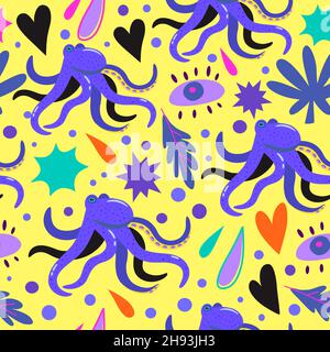 Psychedelic seamless pattern with doodle colorful design elements. Abstract simple shapes, hearts and octopus. Stock Vector