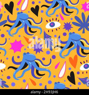 Psychedelic seamless pattern with doodle colorful design elements. Abstract simple shapes, hearts and octopus. Stock Vector