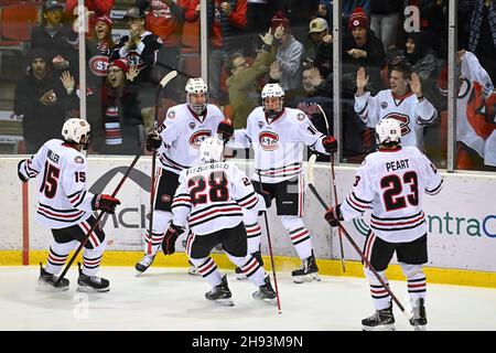 St Cloud, USA. 03rd Dec, 2021. St. Cloud State players join St. Cloud State Huskies forward Kyler Kupka (10) in celebrating his goal during a NCAA men's hockey game between the University of North Dakota Fighting Hawks and the St. Cloud State University Huskies at Herb Brooks National Hockey Center in St. Cloud, MN on Friday, December 3, 2021. By Russell Hons/CSM Credit: Cal Sport Media/Alamy Live News Stock Photo