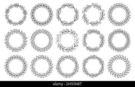 Natural frame leafy object winner black line set. Plant pattern award success. Heraldic vintage badge frame tattoo. Spring summer invitation card logo. Circular shape achievement isolated on white Stock Vector