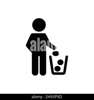 Keep clean icon. Do not litter sign. Silhouette of a man, throwing garbage in a bin, isolated on white background. No littering symbol in square. Publ Stock Vector