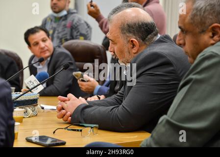 Umm Al-Fahm, Israel. 03rd Dec, 2021. Mansour Abbas (United Arab List / Raám), Ahmad Tibi (Joint List / Ta’al), Ayman Odeh (Joint List / Hadash) and Osama Saadi (Joint List / Ta’al) at a press conference in Umm Al-Fahm municipality on Friday evening. On Thursday morning, the 125 victim of 2021 from violent and crime within the arab society was murdered. Clashes between the two involved families had escalated, including setting up houses on fire and usage of guns. Due to that, police forces had entered the neighborhood, using teargas to gain control over the site. Six were arrested. On Friday mo Stock Photo