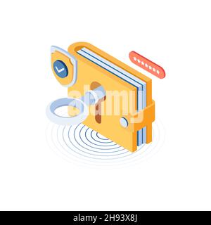 Flat 3d Isometric Money Wallet with Security System. Money Protection and Financial Security. Stock Vector