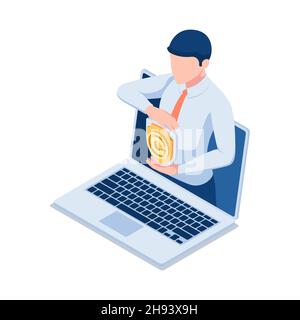 Flat 3d Isometric Copyright Sign Protecting by Businessman. Copyright Protection and Intellectual Property Concept. Stock Vector
