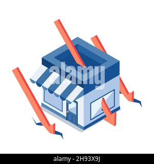Flat 3d Isometric Red Falling Arrow Piercing Through Shopping Store. Business Crisis and Bankruptcy Concept. Stock Vector