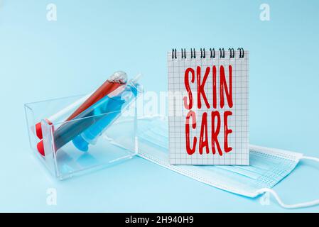 Handwriting text Skin Care, Business idea things that you do or use to keep your skin healthy and attractive Writing Important Medical Notes Laborator Stock Photo