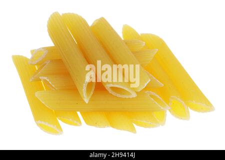 Dry small pasta in the form of short  tubes . Isolated on white macro Stock Photo