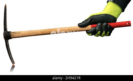 Closeup of a hand with protective work glove holding a Pickaxe or Pick axe, isolated on white background with reflection. Hand tool used for digging. Stock Photo