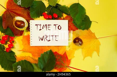 Text Time to write, in a notebook on a background of autumn foliage .Yellow background. Business concept for urgent traffic. Stock Photo