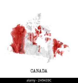 Canada map and flag watercolor painting design . Realistic drawing country shape . White isolated background . Vector . Stock Vector