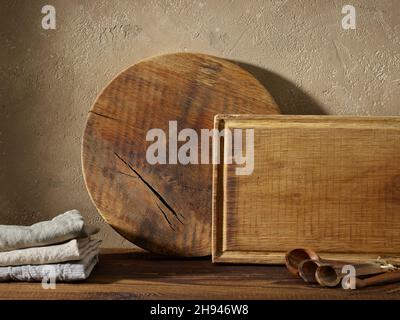 various kitchen tools on brown wooden table